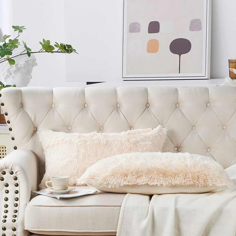 Shaggy Faux Fur Pillow Cover, Ivory, Set of 2, 14"x26"