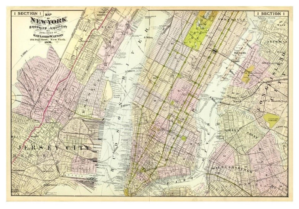 "New York, Brooklyn, Jersey City, 1891" Print by Frederick W. Beers, 24"x17"