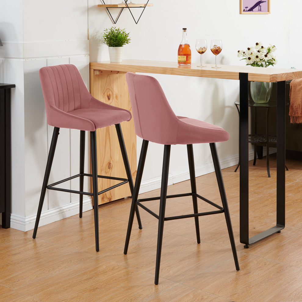 Set of 2 Vertical Channel Tufted Velvet Bar Stools, Pink, 30 Inch