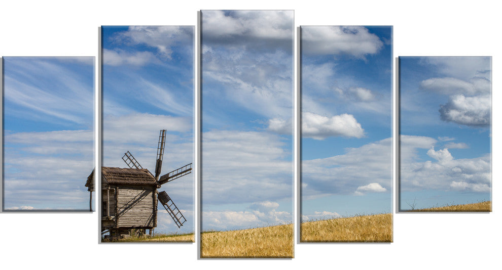 "Cloudy Sky and Windmill Summer Day" Landscape Wall Art, 5 Panels, 60"x32"