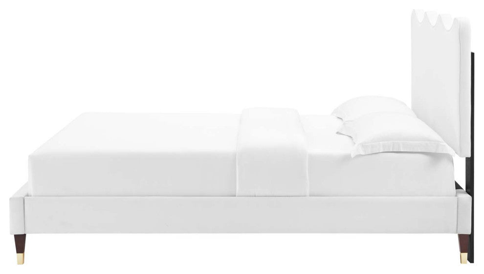 Platform Bed Frame, Queen Size, White, Velvet, Modern, Bedroom Guest Suite