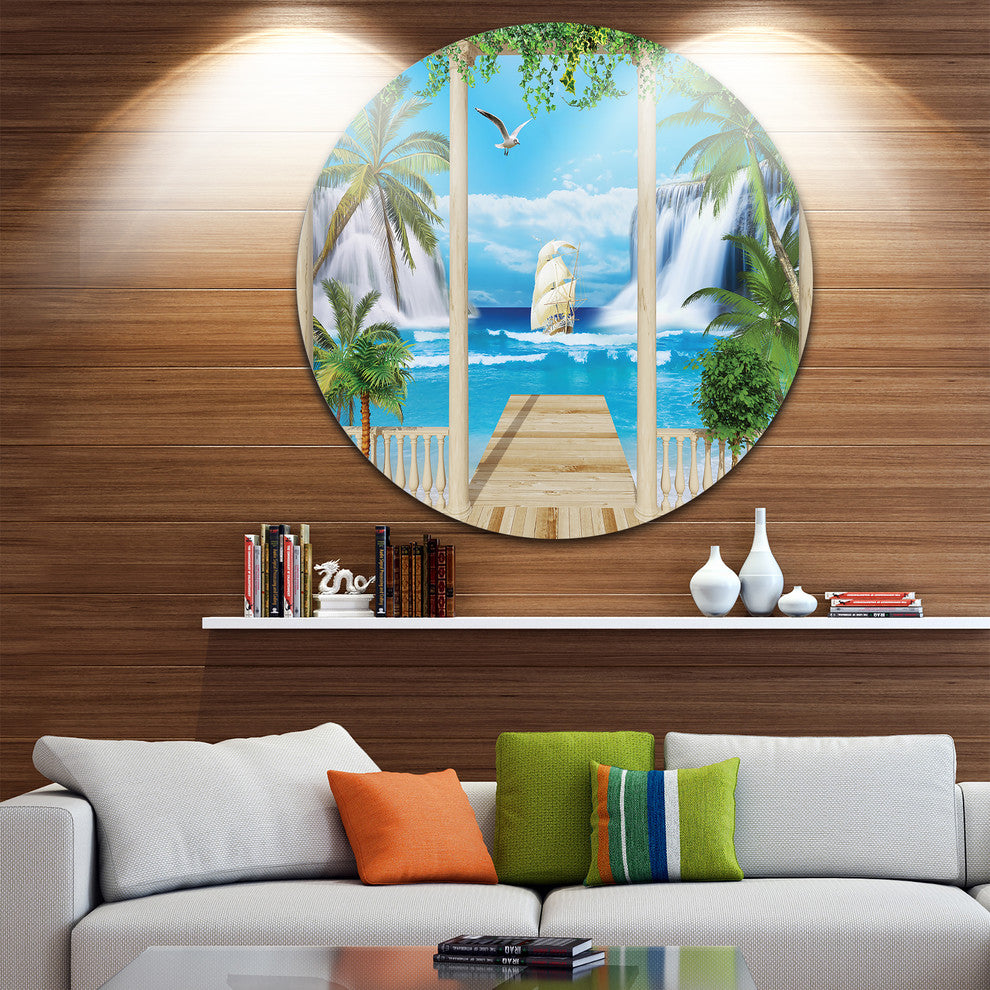 Wooden Terrace With Sea View, Landscape Photo Disc Metal Wall Art, 36"