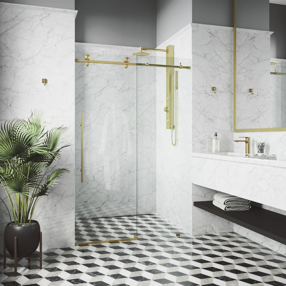 VIGO Elan E-Class 44" to 48" W x 76" H Frameless Sliding Shower Door, Matte Gold, Clear Glass