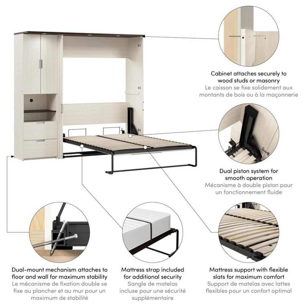 Lumina Full Murphy Bed with Storage Cabinet (84W) in White Chocolate