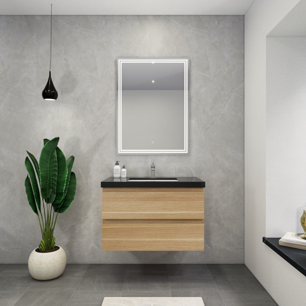 Belli 36" Wall Mounted Single Bathroom Vanity Set, White Oak, Matt Black Top