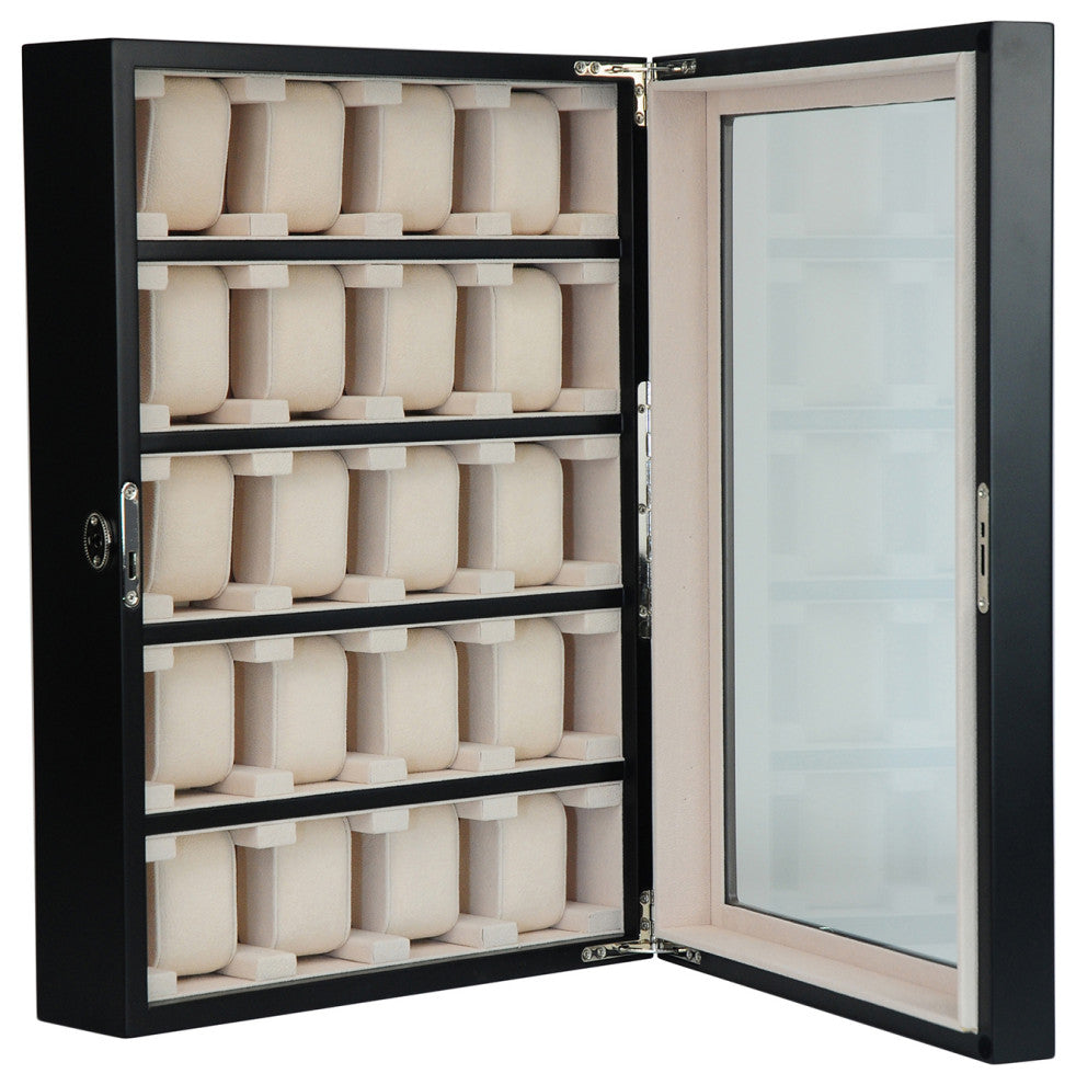 20 Piece Black Ebony Wood Watch Display Wall Hanging Case and Storage Organizer