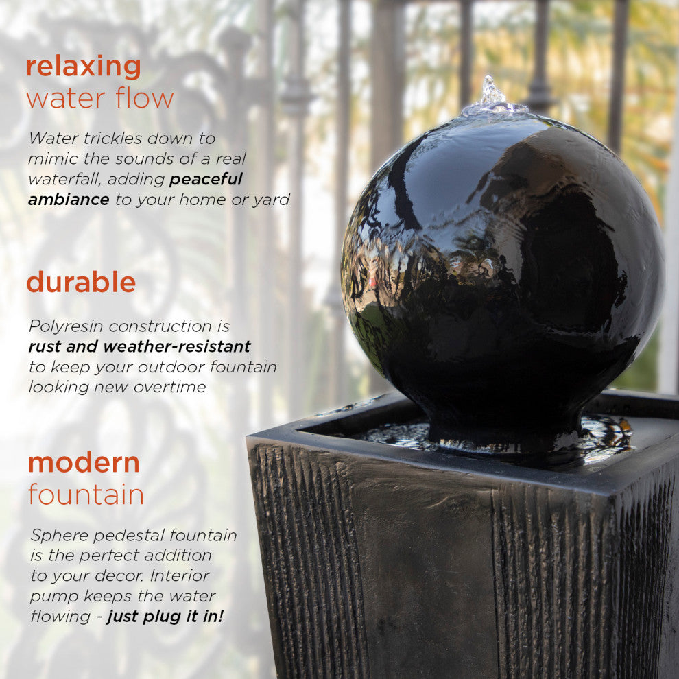 Alpine Modern Sphere Pedestal Fountain With LED Light, Black Finish, 33" Tall