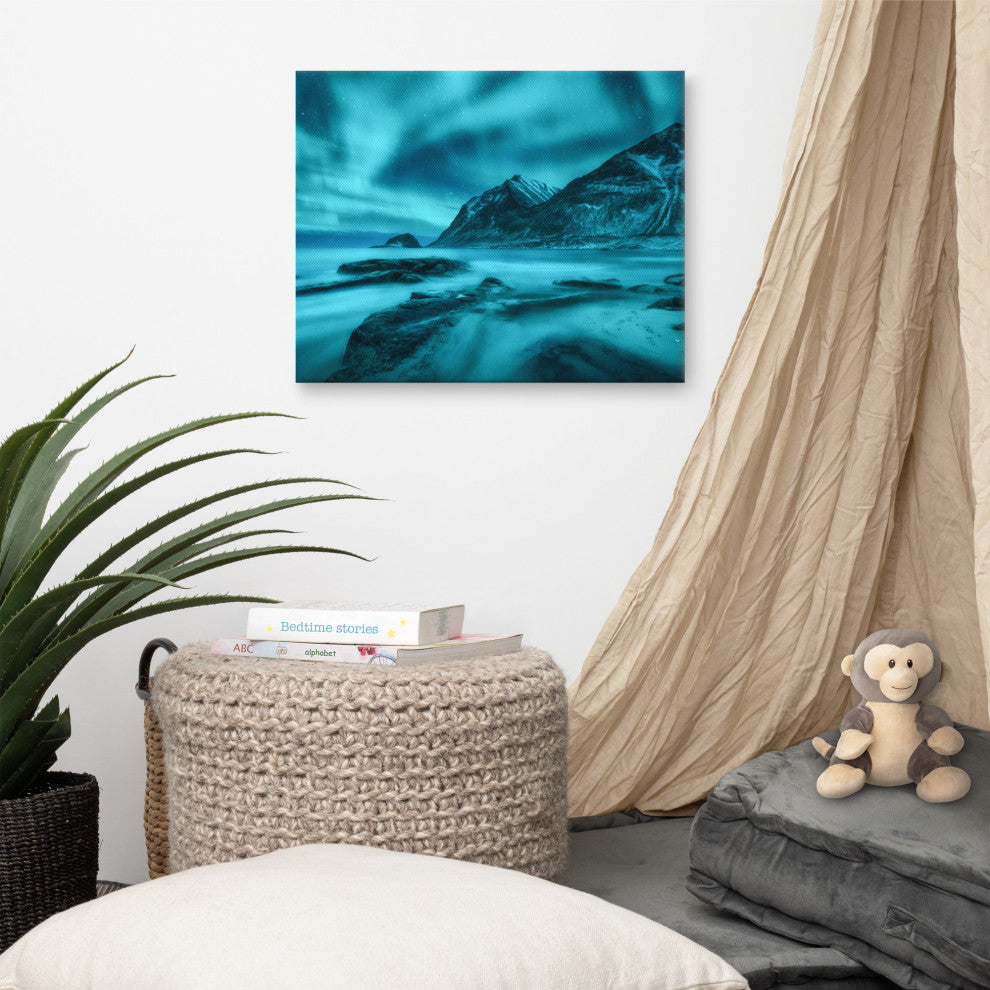 Blue Northern Lights and Mountain Coast Landscape Photo Canvas Wall Art Prints, 16" X 20"