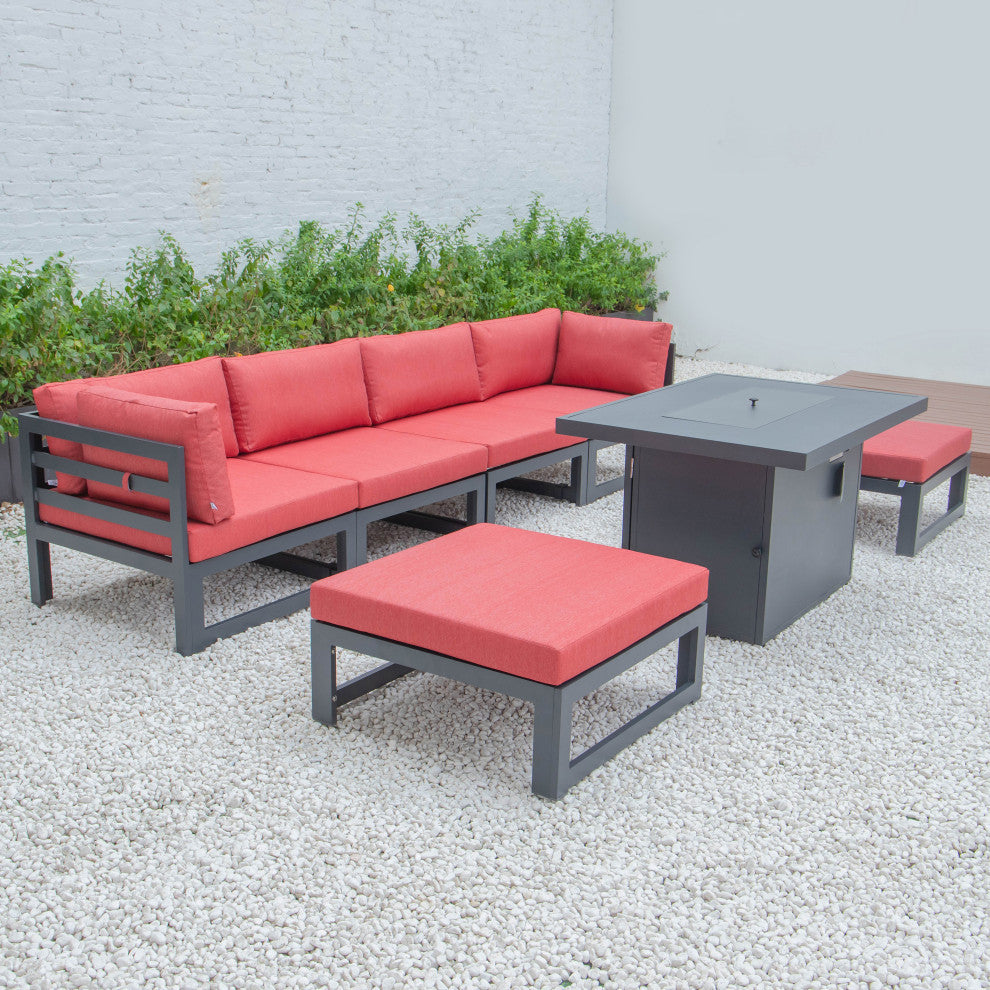 LeisureMod Chelsea 7-Piece Outdoor Sectional With Fire Pit Table, Red