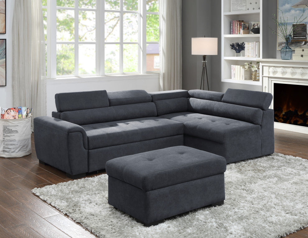 Haris Dark Gray Fabric Sleeper Sofa Sectional Couch with Storage Ottoman
