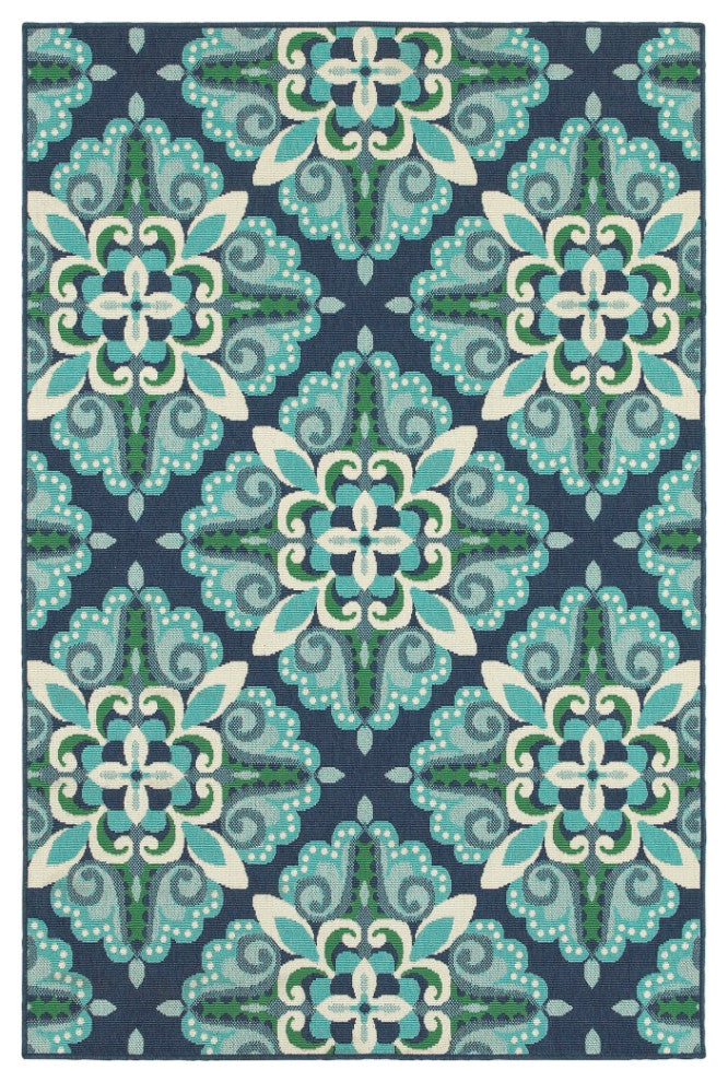 9"x13" Blue and Green Floral Indoor Outdoor Area Rug