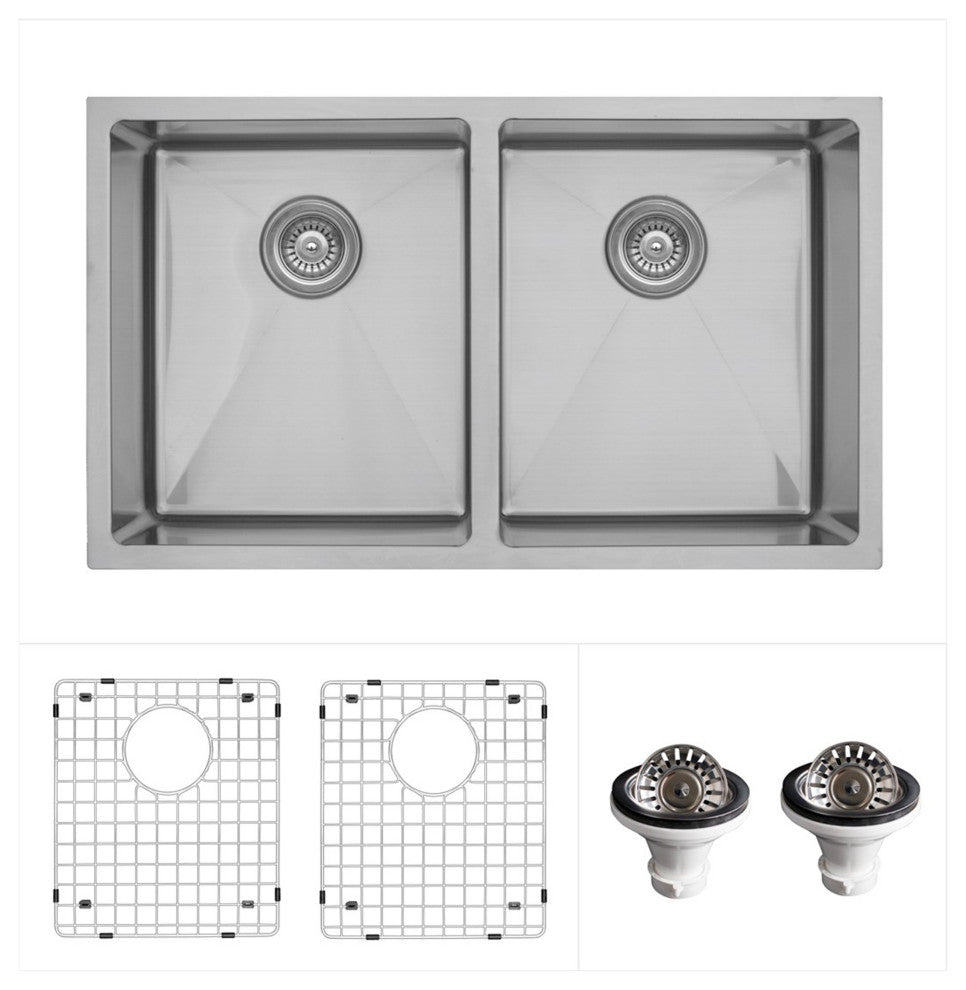 Karran 32" Undermount Double Equal Bowl Stainless Steel Kitchen Sink Kit