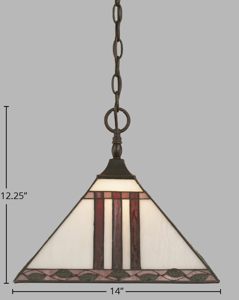 Chain Hung Pendant In Dark Granite, 14" Purple and Metal Leaf Tiffany Glass
