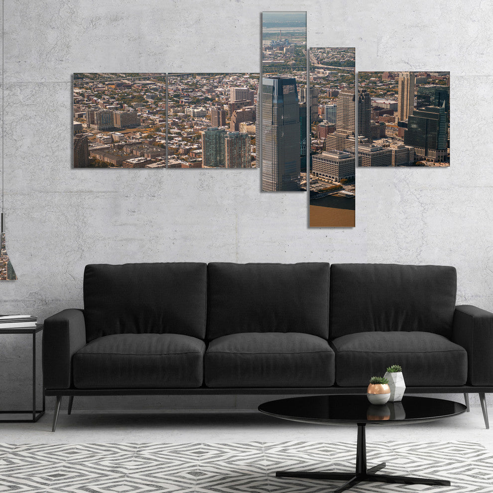 Aerial View of City from Helicopter, Cityscape Canvas Print, 60"x32", 5 panels