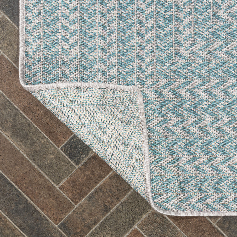 Chevron Modern Concentric Squares Indoor/Outdoor Area Rug, Aqua/Light Gray, 2x8