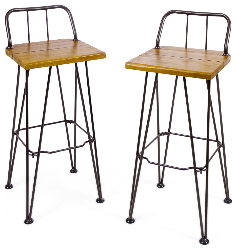 GDF Studio Outdoor Teak Finish Acacia Wood Barstools With Iron Frame, Set of 2