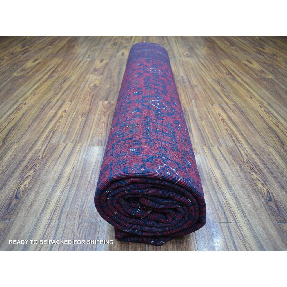 Red Hand Knotted Soft Shiny Wool Afghan Khamyab Geometric Design Rug, 10'x12'10"