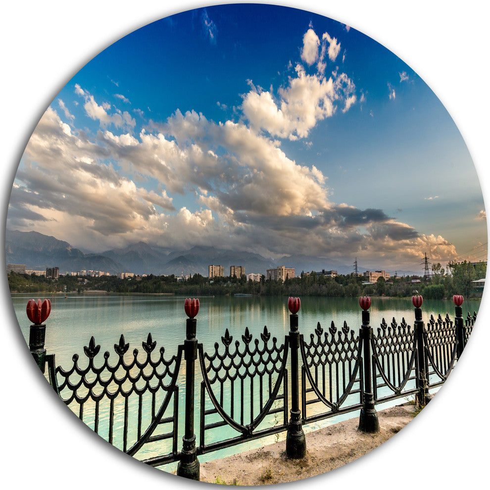 City Lake Under Clouds, Cityscape Photography Disc Metal Wall Art, 11"
