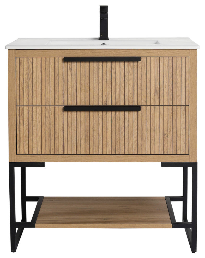 Kingsford Grooved-Look Bath Vanity, Bright Oak, White Ceramic Sink, 30", Drawers