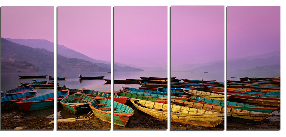 Boats under Twilight Sky in Phewa, Boat Canvas Art Print, 60"x28", 5 Panels