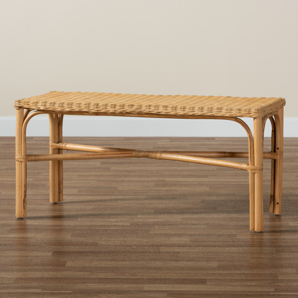 Cacaban Modern Bohemian Natural Brown Rattan Accent Bench