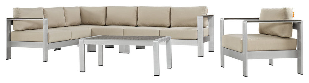 Modway Shore 6 Piece Outdoor Patio Aluminum Sectional Sofa Set, Silver Beige