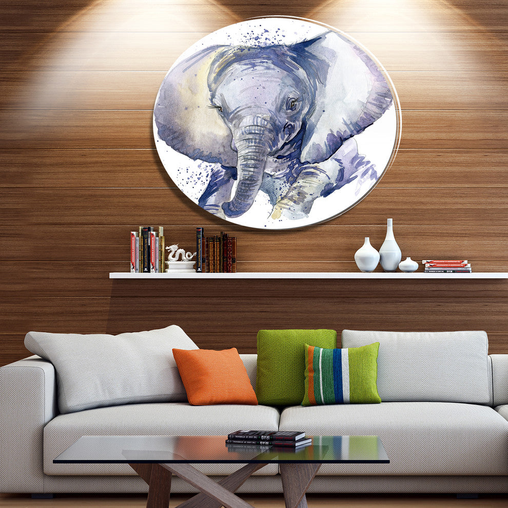 Baby Elephant Blue Watercolor, Animal Round Metal Wall Art, 11"