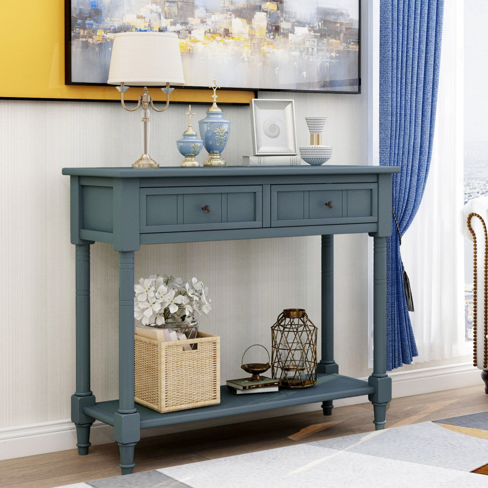 Console Table with Two Drawers and Bottom Shelf, Navy