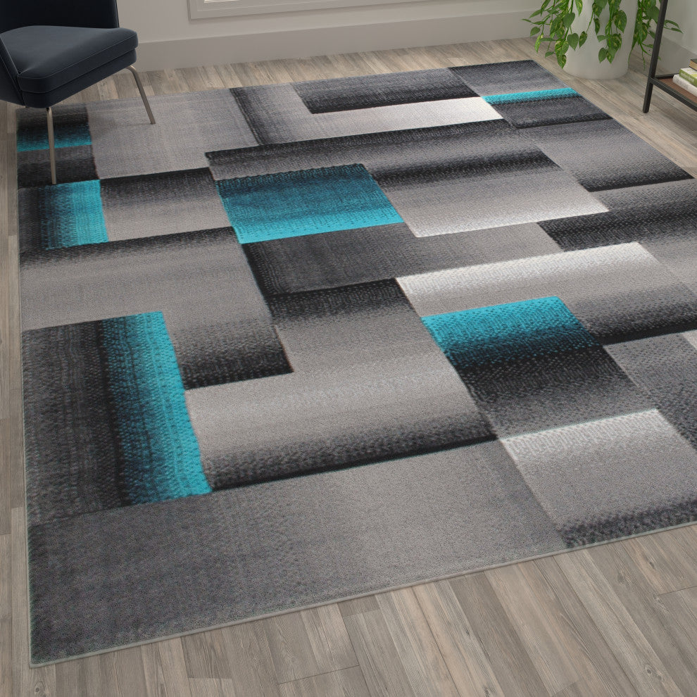 Elio Collection Color Blocked Area Rug, Turquoise, 8' X 10'