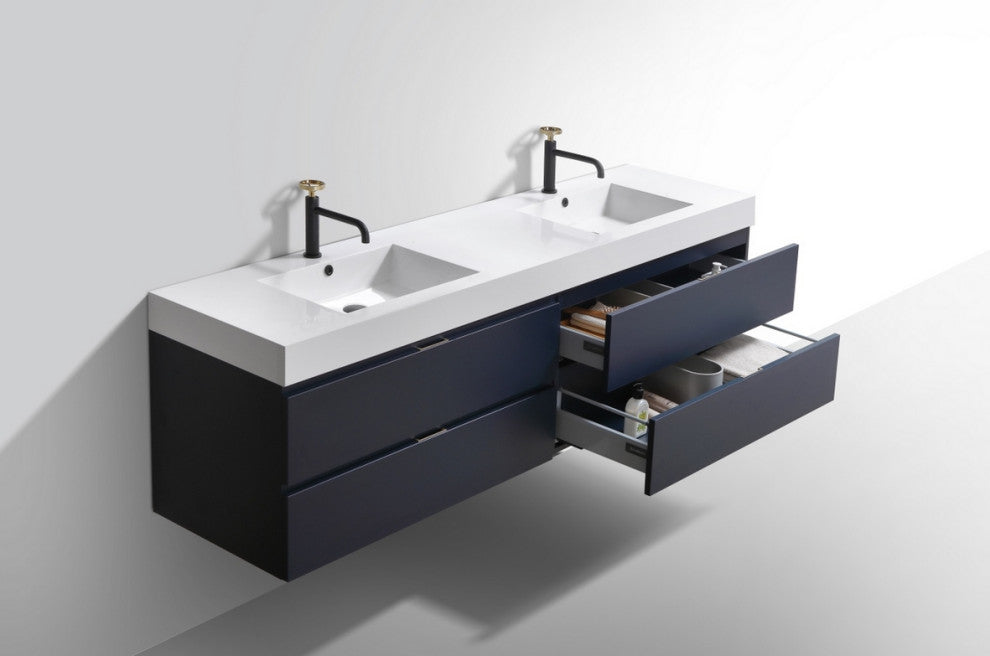 Bliss 80" Double Sink Wall Mount Bathroom Vanity, Blue
