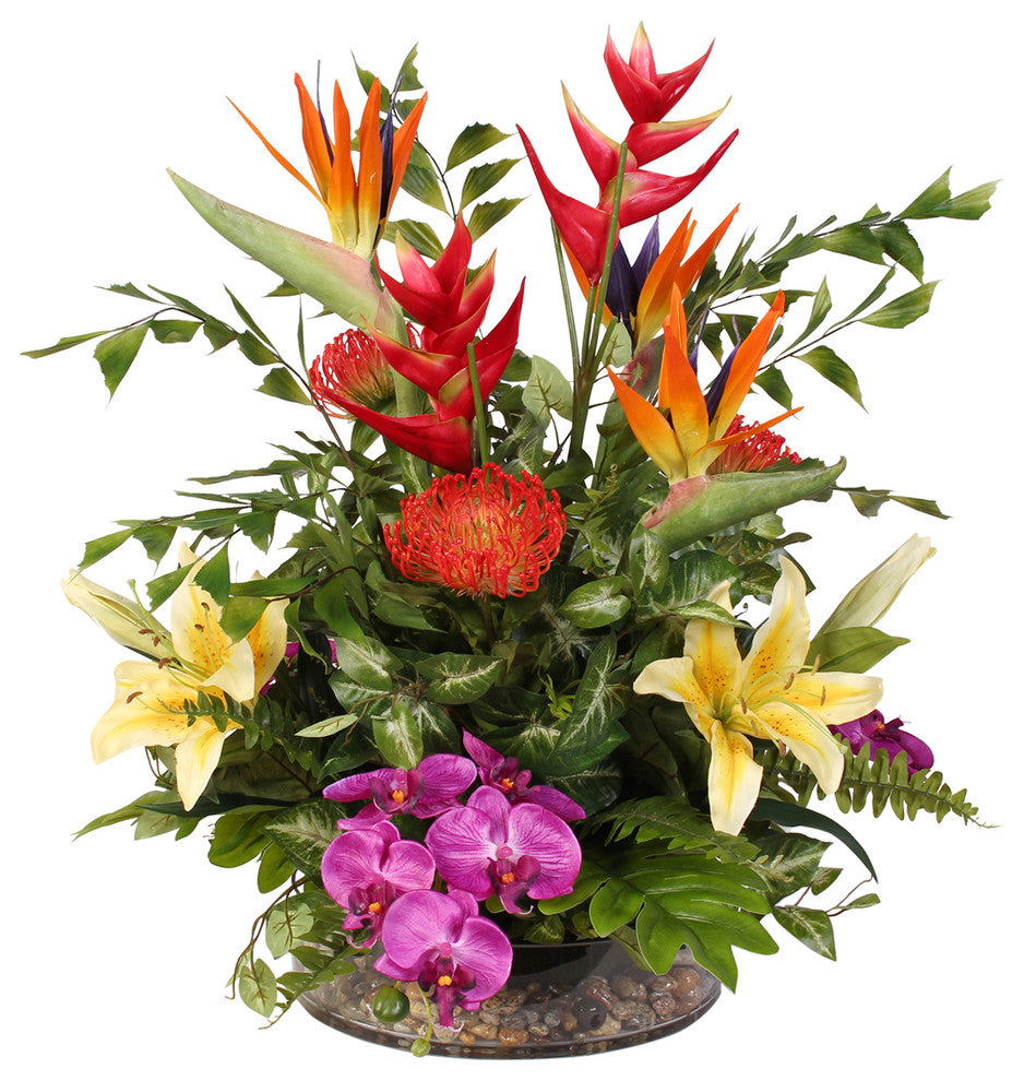 Exotic Tropical Silk Floral With Pebbles in Glass Bowl