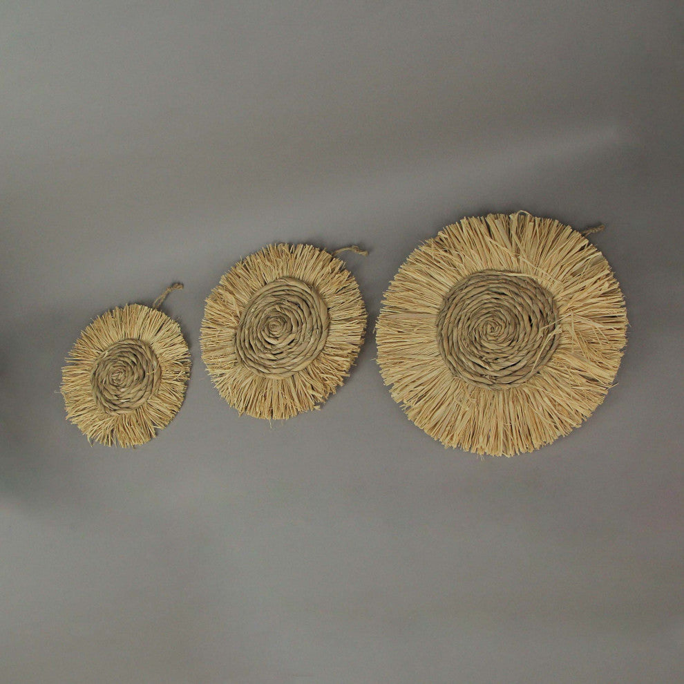 Set of 3 Round Natural Woven Dried Grass Wall Hanging Sculptures Home Decor Art