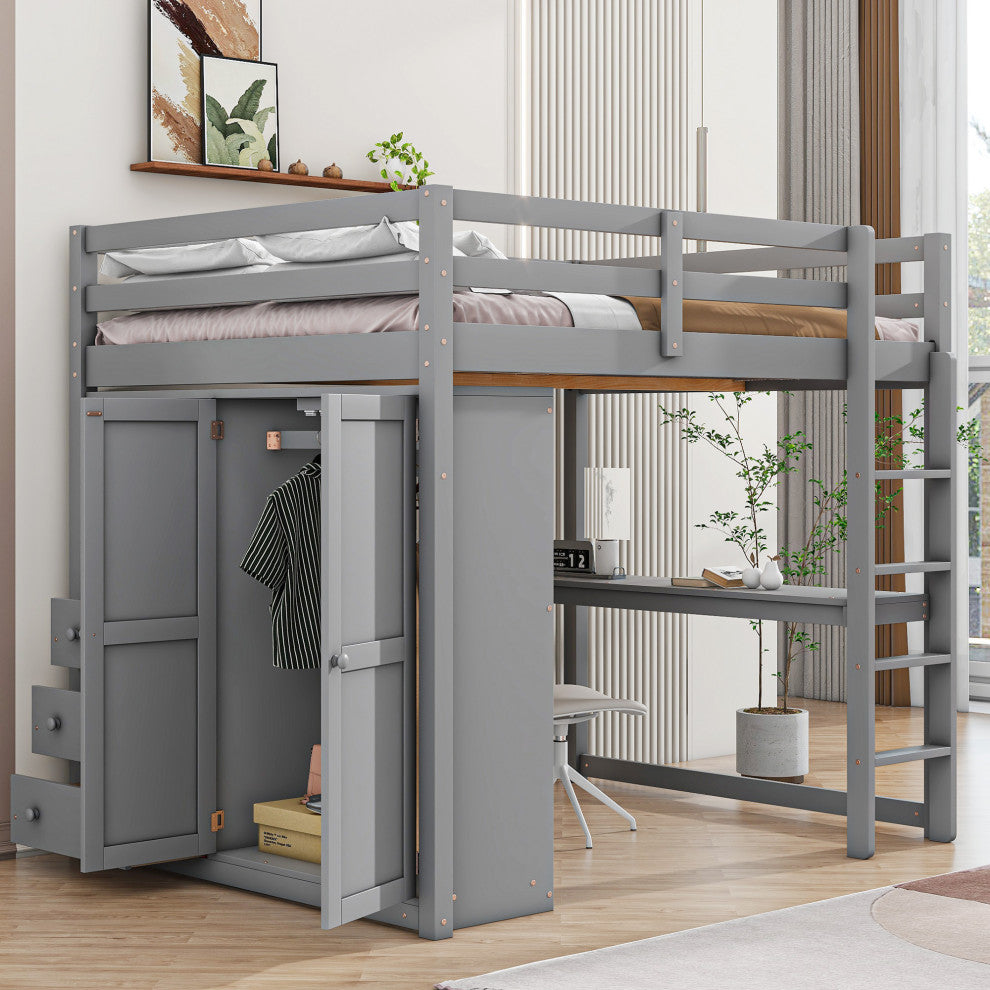Gewnee Wood Full Size Loft Bed with Built-in Wardrobe