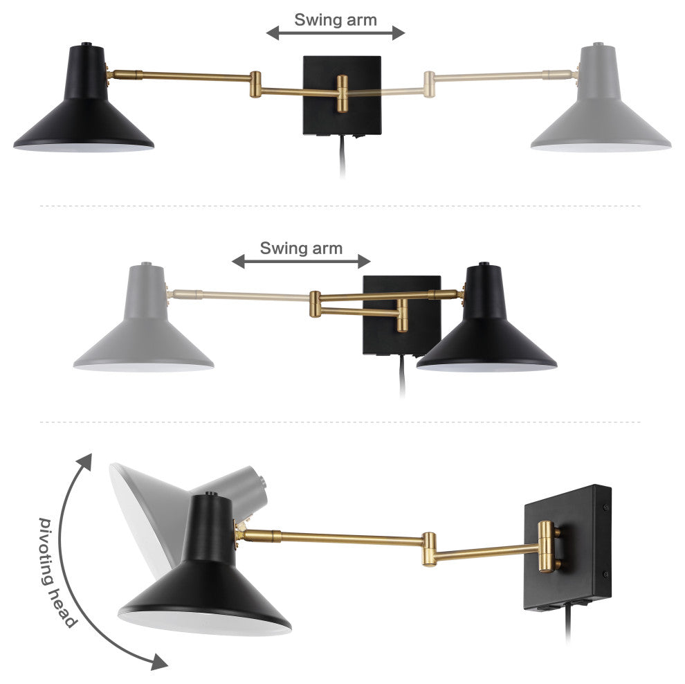 Hygge Swing Arm 1-Light Modern Midcentury Iron USB Charging Port LED Sconce, Bla