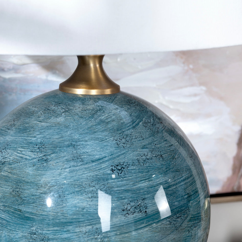 25"H Teal Glass Table Lamps With White Drum Shade