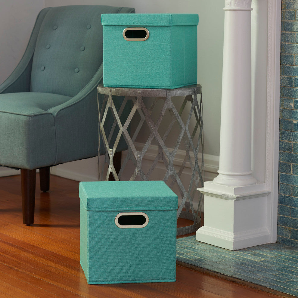 Storage Bins With Lids and Chromed Grommet Handles, Turquoise