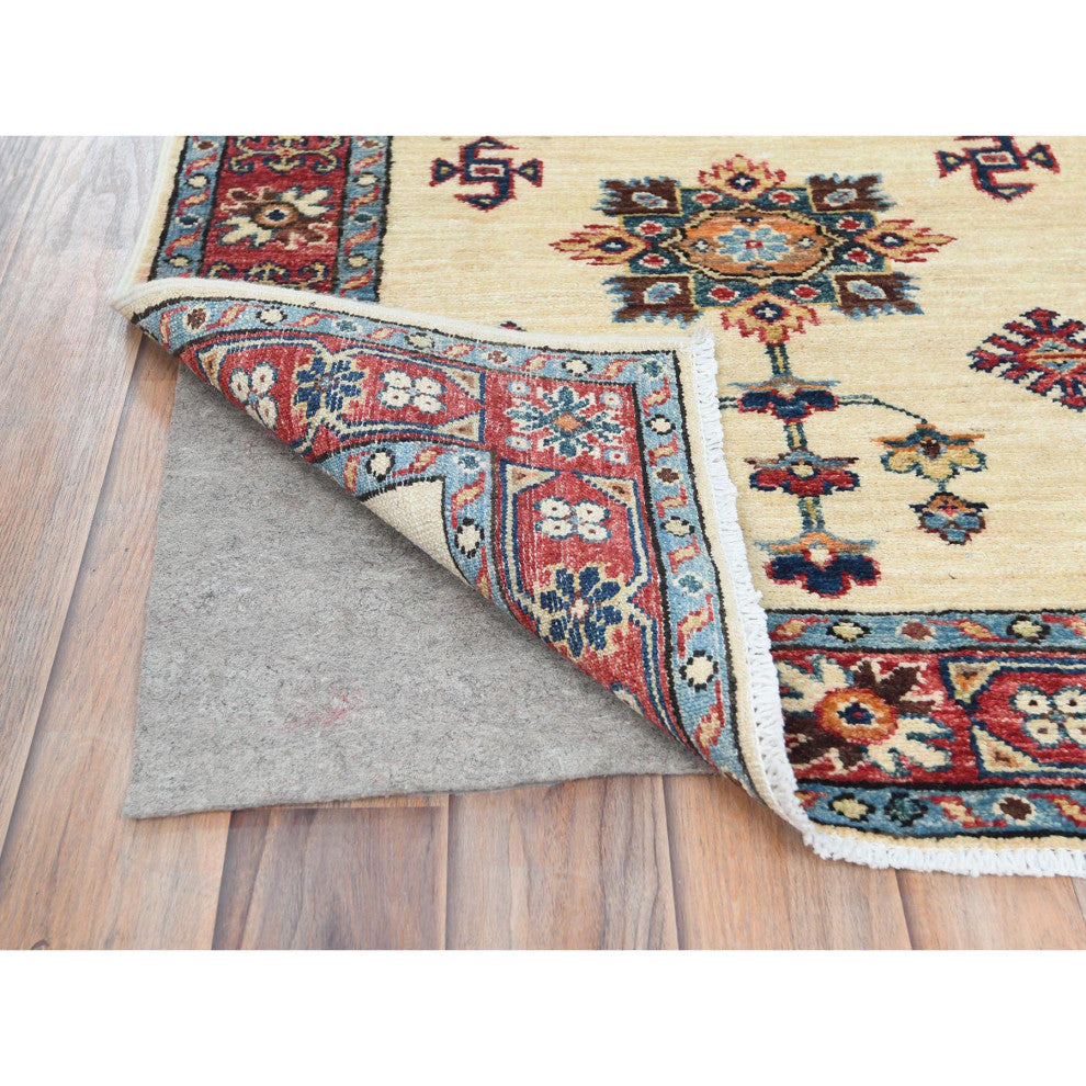 Ivory, Soft Wool, Hand Knotted Afghan Super Kazak Runner Rug, 2'7"x8'6"