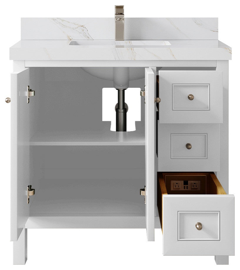 Nashville 36" Center Sink Bath Vanity, White 2" Calacatta Sienna
