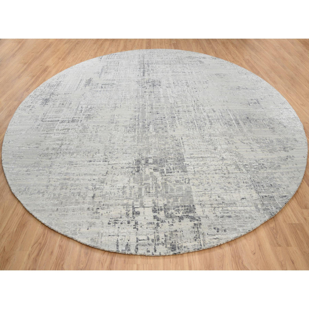 Gray Hand Knotted Modern Natural Wool Round Oriental Rug, 13'9"x13'9"