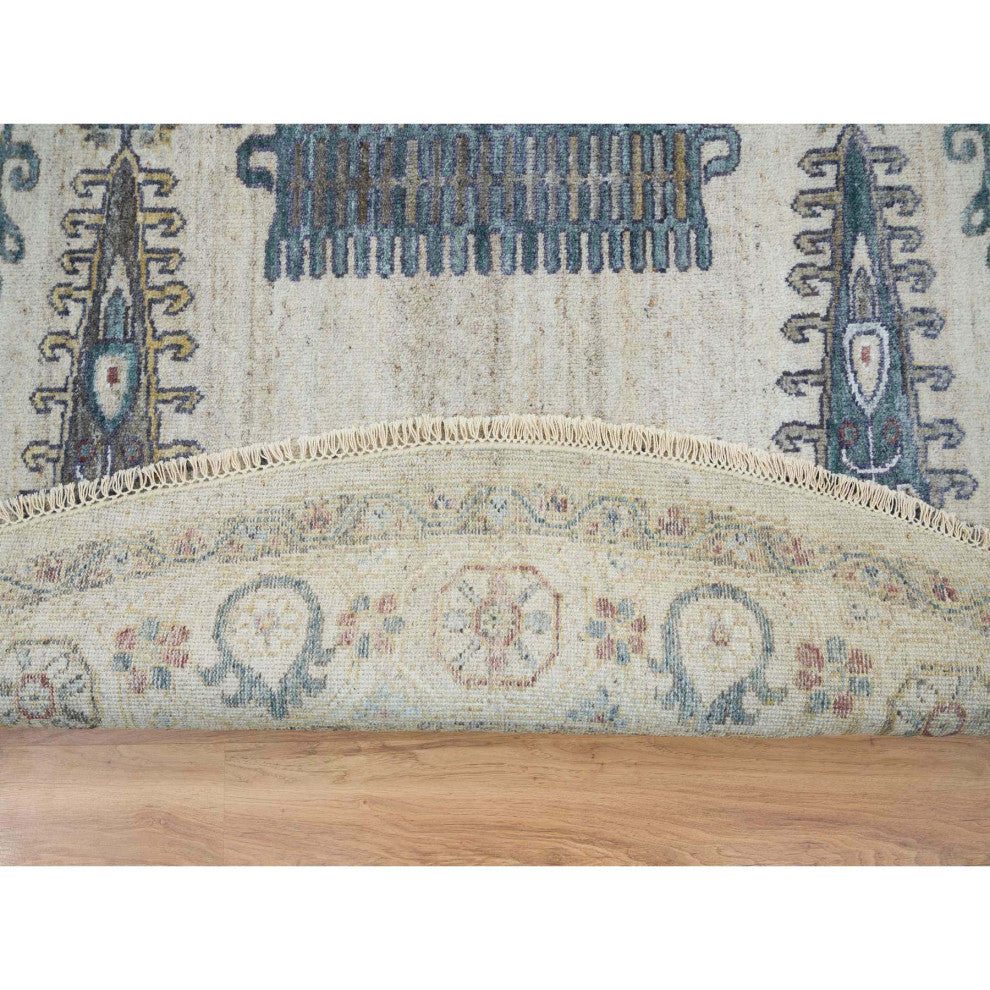 Ivory Wool Hand Knotted Reimagined Persian Viss Round Oriental Rug, 9'9"x9'9"