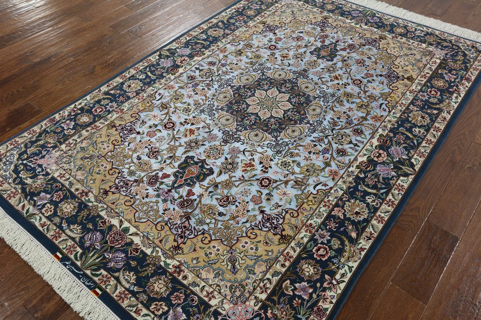 Super Fine Authentic Signed Persian Isfahan Hand Knotted Silk Rug, 5'x8'