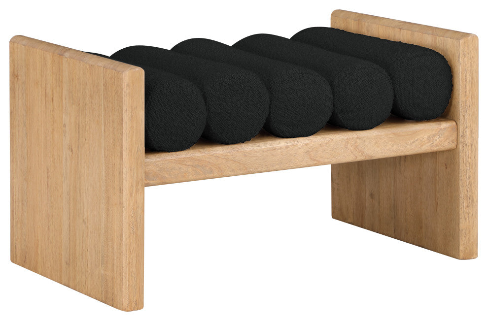 Waverly Boucle Fabric Upholstered Bench, Black, 32" Wide, Natural Finish