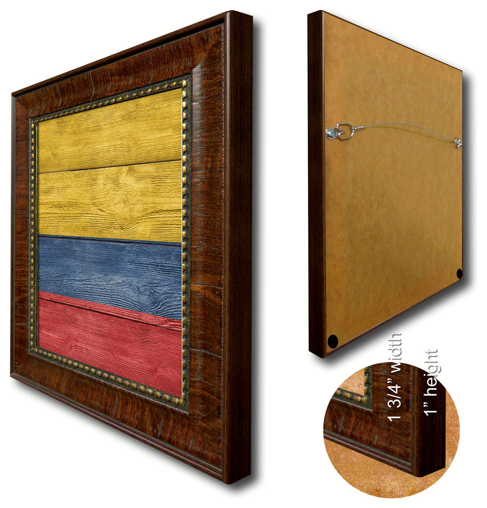 Colombia Country Textured Flag Print With Brown Gold Frame, 19"X27"