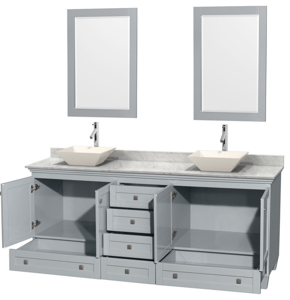 Acclaim Oyster Gray DBL Vanity, Mirrors 80" White Carrera Marble, Bone Porcelain