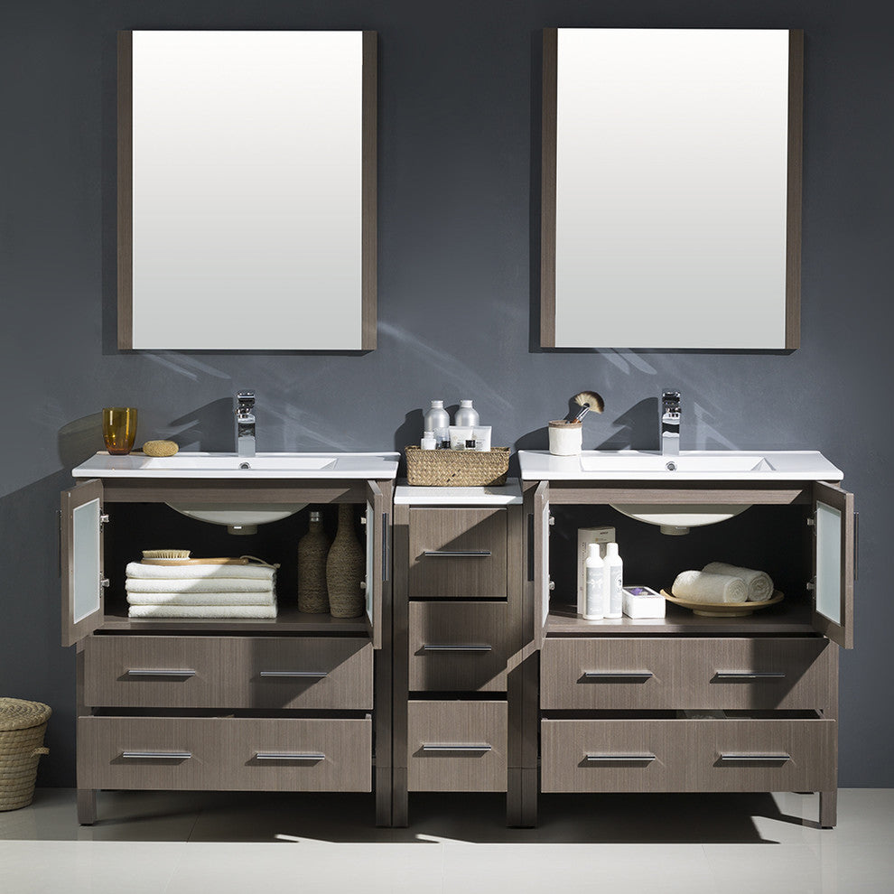 Torino 72" Gray Oak Modern Double Sink Bathroom Vanity, Faucet FFT9151BN