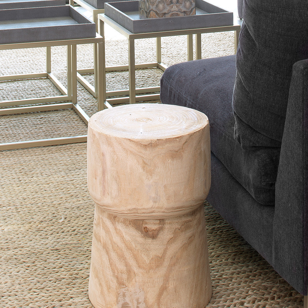 Rustic Modern Solid Wood Block Side Table Round Drum Cork Shape Natural Accent