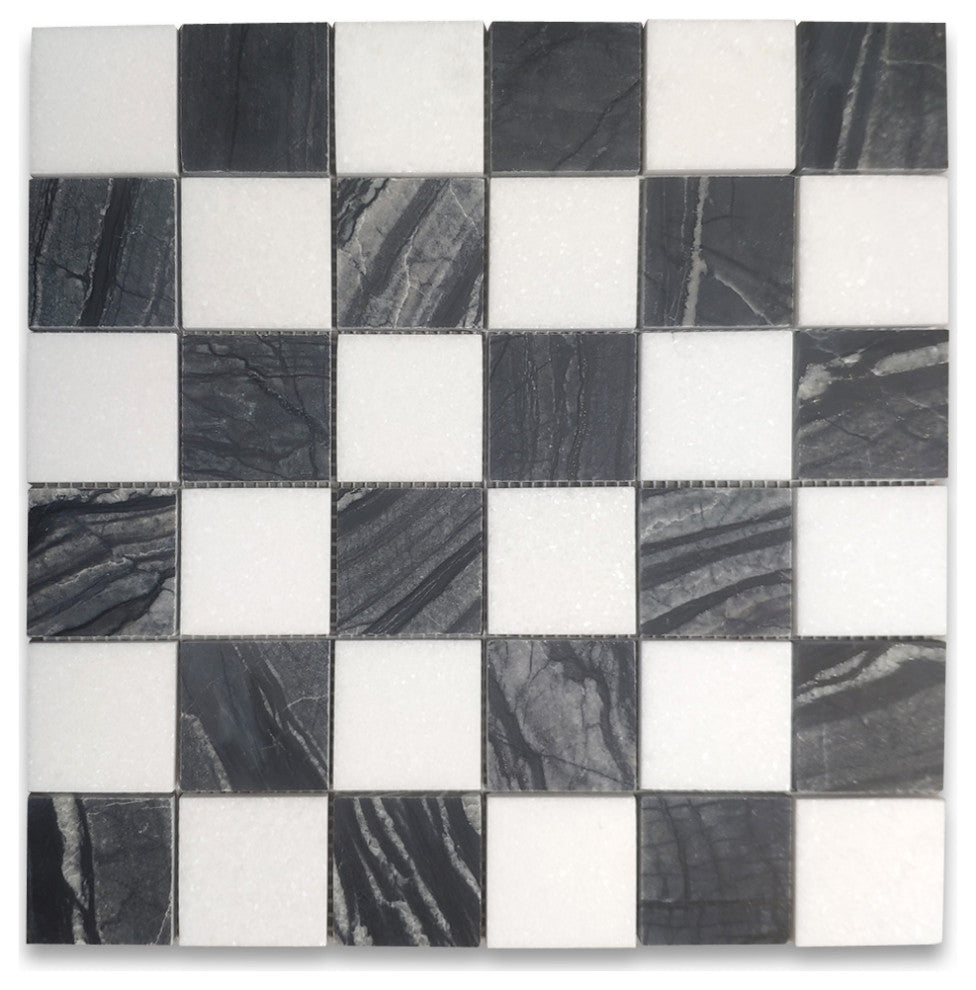 Silver Wave Black Forest Thassos White Marble Checkerboard Tile Honed, 1 sheet