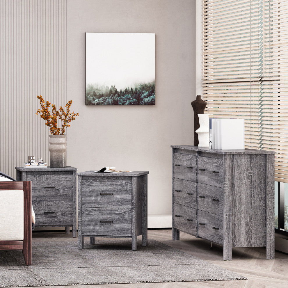Titeca Contemporary 3 Piece Double Dresser and Nightstand Set, Sonoma Grey Oak