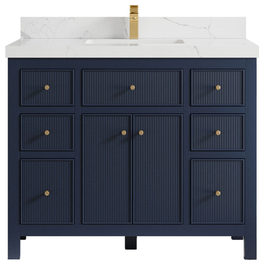 Sonoma 42 Single Sink Reeded Bath Vanity in Hale Navy Blue 2" Calacatta Laza