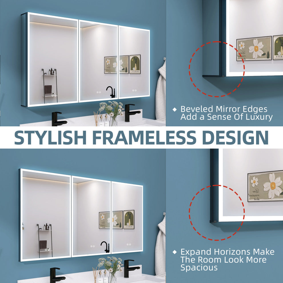 60'' W 30'' H Recessed Frameless Medicine Cabinet Mirror 9 Adjustable